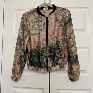 Chic Women's Bomber Jacket - Artistic Green and Brown